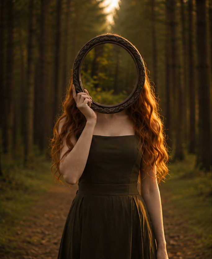 Linda Ember holding a mirror where her face would be, reflecting the forest path behind her